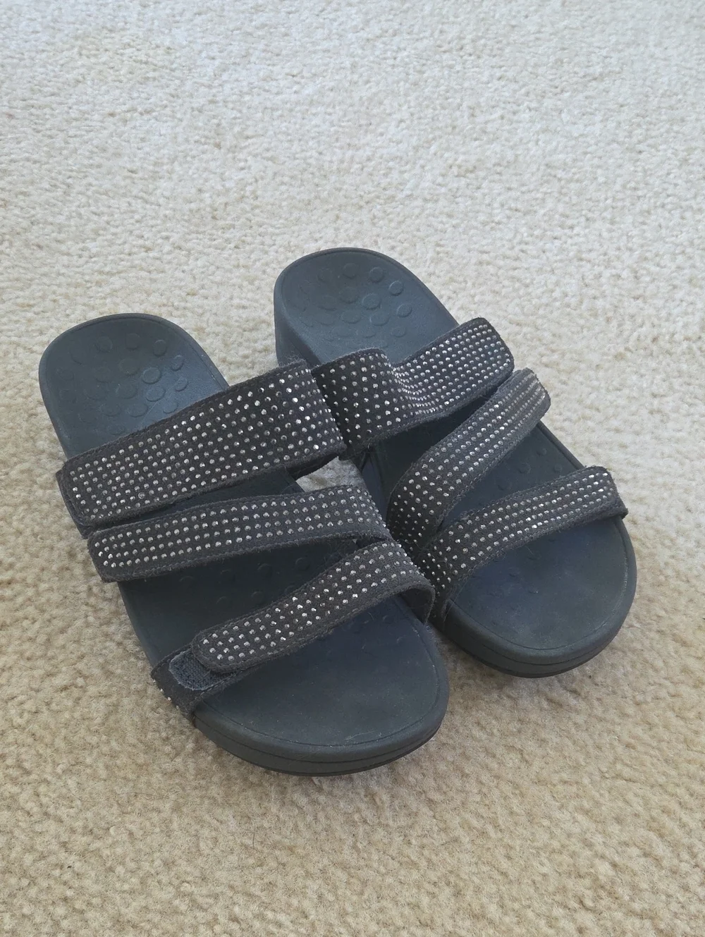 Dark Gray Rhinestone Three-Strap Slide Sandals